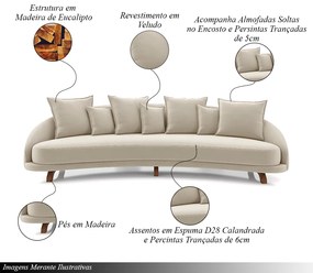 Sofá Living 3 Lugares 265cm Pés Madeira Morales com Almofadas Veludo Bege G52 - Gran Belo