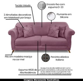 Sofá Decorativo 180cm 2 Lugares com 4 Almofadas Armstrong Veludo Uva G63 - Gran Belo