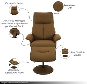 Poltrona de Massagem Reclinável e Giratória Arizona com Apoio de Pés Pu G56 - Gran Belo - Caramelo