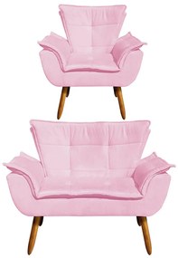Sofá Namoradeira e Poltrona Pé Palito Castanho Opala Suede Rosa Bebê D03 - D'Rossi