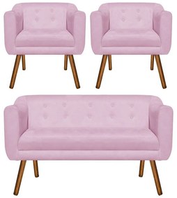 Kit 01 Namoradeira 02 Lugares e 02 Poltronas Julia Suede Rosa Bebê Pés Palito Castanho D'Rossi