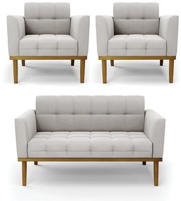 Conjunto 2 Poltronas e 1 Namoradeira Decorativa Karen Pés Fixo em Madeira Castanho Veludo Cinza G19 - Gran Belo