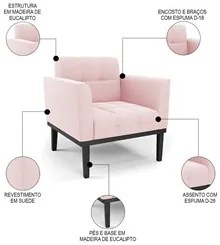 Sofá Namoradeira e 1 Poltrona Base Madeira Preto Ana Suede Rosa Bebê -