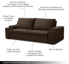 Sofá Retrátil e Reclinável 4 Lugares 245cm Kent Porta Copos no Braço Veludo Marrom G22 - Gran Belo