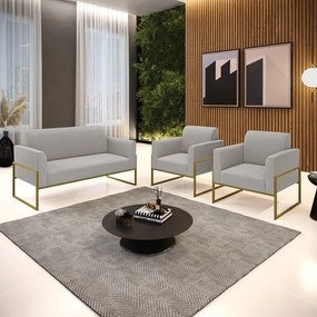 Namoradeira e 2 Poltronas Industrial Alta Dourado Marisa Bouclê Cinza