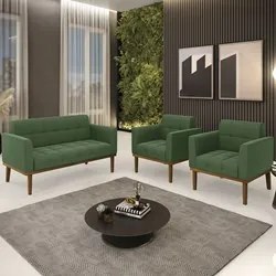 Sofá Namoradeira e 2 Poltronas Base Madeira Castanho Ana Suede Verde -