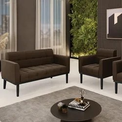 Sofá Namoradeira e 1 Poltrona Base Madeira Preto Ana Suede Marrom - Ib