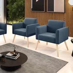 Kit 2 Poltronas Pés Palito Natural Marisa Suede Azul Marinho D03 - DRossi