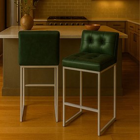 Banqueta Cozinha Alta com Encosto Industrial Kit 2 Champanhe Lirina PU Verde C05 - D'Rossi