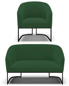 Sofá Namoradeira e Poltrona Base Industrial Preto Stella Veludo D03 - D'Rossi - Verde