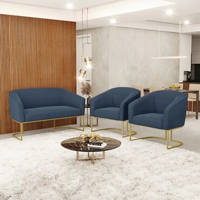 Namoradeira e 2 Poltronas Base Industrial Dourado Stella Suede D03 - D'Rossi - Azul Marinho