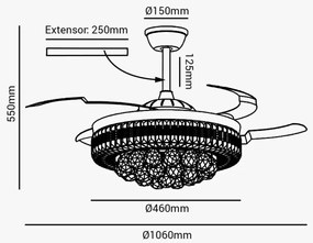 Ventilador De Teto Air Cristal Dourado Pás Retrátil Led 30W Multicolor...