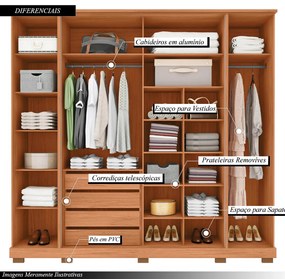Guarda Roupa Monteiro Ripado 6 Portas e 4 Gavetas com Espelho LED MDF Freijo/Sued G11  - Gran Belo