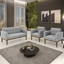 Sofá Namoradeira e 2 Poltronas Base Madeira Castanho Ana Suede Cinza -