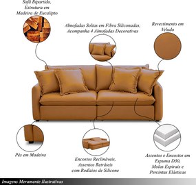 Sofá Bipartido 230cm Retrátil Reclinável Almofadas Caixa Zero Sydney Veludo Terracota G93- Gran Belo