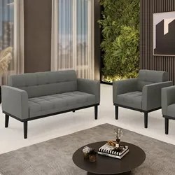 Sofá Namoradeira e 1 Poltrona Base Madeira Preto Ana Suede Grafite - I