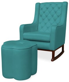 Kit Poltrona Amamentação Balanço Maju com Puff Flor Veludo - Azul Tiffany
