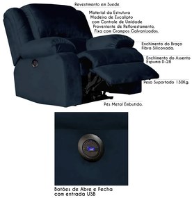 Poltrona do Papai Reclinável Elétrica com Entrada USB Magnum Veludo Azul Clássico G23 - Gran Belo