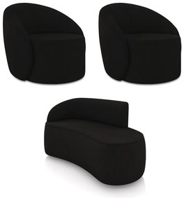 Sofá 2 Lugares Orgânico 140cm Morgan e 2 Poltronas Lua Suede D03 - D'Rossi - Preto