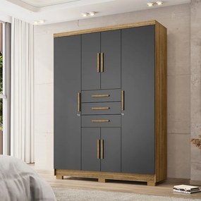 Guarda Roupa Casal Belga 6 Portas de Bater 3 Gavetas com Cabideiros Nature/Chumbo G98 - Gran Belo