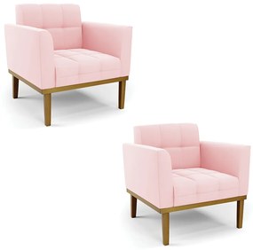 Poltrona Sala Decorativa Kit 2 Elisa Base de Madeira Castanho Suede D03 - D'Rossi - Rosa Bebê