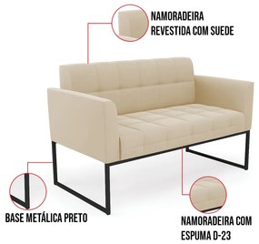 Kit 1 Sofá Namoradeira e 1 Poltrona Elisa Suede Base Metálica Industrial Preto D03 - D'Rossi - Bege