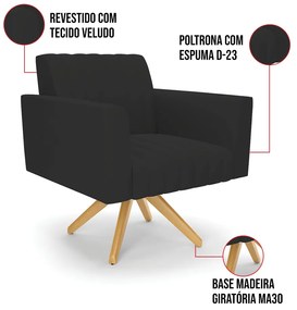 Poltrona Giratória Viena Gomada Veludo Base de Madeira MA30 D03 - D'Rossi - Preto