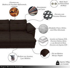 Sofá Retrátil Elétrico Sala de Estar Nolan Bipartido 379cm Conforto Premium em Couro Marrom Manchado G58 - Gran Belo
