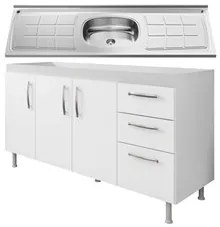 Balcão Gabinete Nathan com Pia Inox 160cm 3 Portas Branco - Nathy Móve
