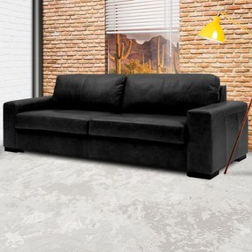 Sofá 3 Lugares Sala de Estar Pés Madeira Aisla 210 cm Couro Preto G43 - Gran Belo