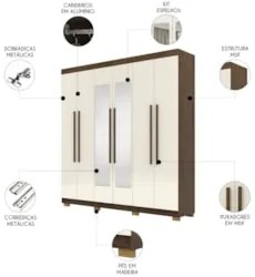 Guarda Roupa Casal 218cm Com Espelho Bolty Imbuia/Champanhe V02 - Mpoz