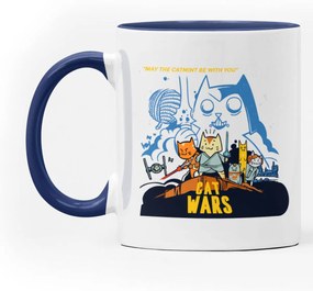 Caneca Cat Wars Geek Nerd Branca com Alça Azul Escuro