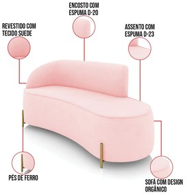Sofá 3 Lugares Orgânico 180cm Pé Dourado Morgan Suede D03 - D'Rossi - Rosa Bebê
