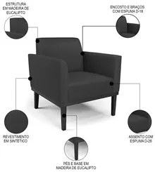 Sofá Namoradeira e 1 Poltrona Base Madeira Preto Maressa Sintético Pre