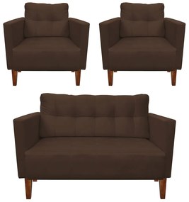 Kit 1 Sofá Namoradeira e 2 Poltronas Livia Suede Marrom Pés Chanfrado Castanho - D'Rossi
