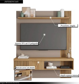 Painel Selina Ripado 150cm para TV até 55 com Porta de Correr e Prateleira MDP Buriti/Fendi G11 - Gran Belo
