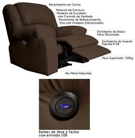 Poltrona do Papai Reclinável Elétrica com Entrada USB Magnum PU Sintético Marrom Fosco G23 - Gran Belo