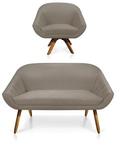 Kit 01 Namoradeira 02 Lugares e 01 Poltrona Giratória Giovana Suede Base Madeira MM30 - D'Rossi - Marrom Rato
