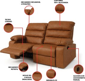 Sofá 2 Lugares Reclinável Retrátil 170cm Naaman Sintético PU Nozes K01 - D'Rossi