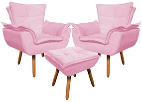 02 Poltronas e 01 Puff Pé Palito de Madeira Opala Suede D03 - D'Rossi - Rosa Bebê