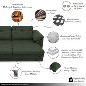 Sofá Retrátil Elétrico Sala de Estar Nolan Bipartido 215cm Conforto Premium em Couro Verde Manchado G58 - Gran Belo