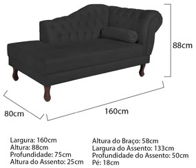 Recamier Diana 160cm Lado Esquerdo Corano Preto - ADJ Decor