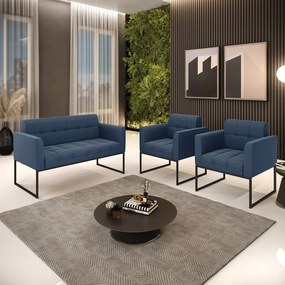 Kit 1 Sofá Namoradeira e 2 Poltronas Elisa Suede Azul Marinho Base Metálica Industrial Preto - D'Rossi