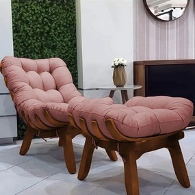 Conjunto Poltrona Decorativa Costela com Puff Costela Veludo Rosê