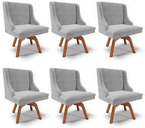 Kit 6 Cadeiras Decorativas Sala de Jantar Base Giratória de Madeira Firenze Suede Cinza/Natural G19 - Gran Belo