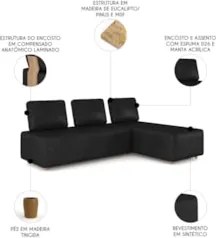 Sofá 3 Lugares Com Chaise 222cm Rovier Sintético Preto Z32 - Mpozenato