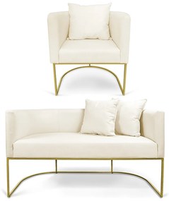 Kit 01 Namoradeira 02 Lugares e 01 Poltrona Paola Linho Base Metálica Dourado D03 - D'Rossi - A19 Grosso Bege