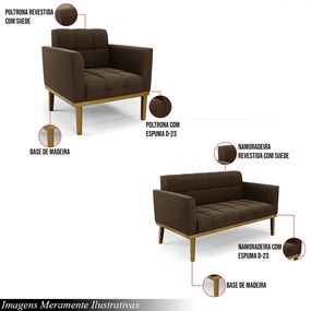 Conjunto Poltrona e Namoradeira Decorativas Karen Pés Fixo em Madeira Castanho Suede Marrom 19 - Gran Belo