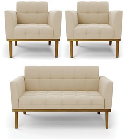 Namoradeira com 2 Poltronas Base de Madeira Castanho Elisa Suede D03 - D'Rossi - Bege