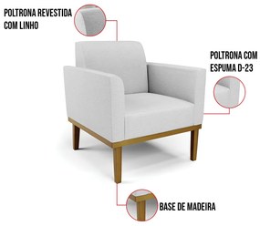 Poltrona Base de Madeira Fixa Castanho Marisa Linho - A05 Cinza